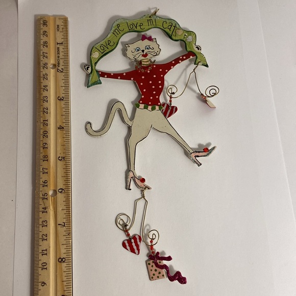 Vintage cat irnament Love Me Love My Cat White Kitty Girl hearts whimsical art - Picture 8 of 9